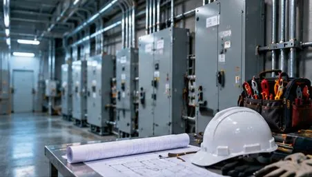 Commercial building electrical room with rows of panels and a work table with plans and a hard hat