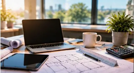 Desk with a laptop, electrical floor plans, ruler and calculator by a window