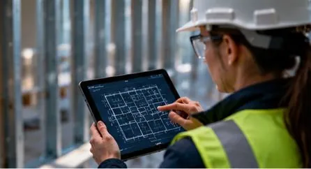 Field worker in a hard hat and high-visibility vest reviewing electrical plans on a tablet