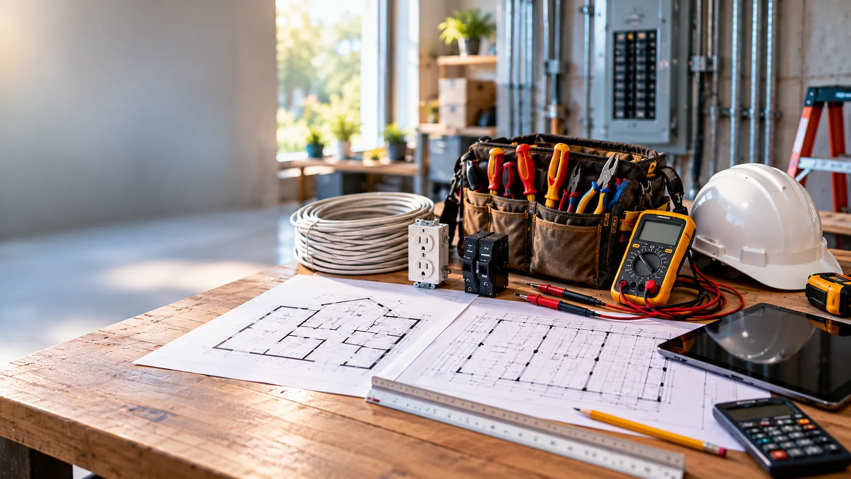 Electrician's workbench with a tool bag, multimeter, hard hat, cable coil and electrical plans