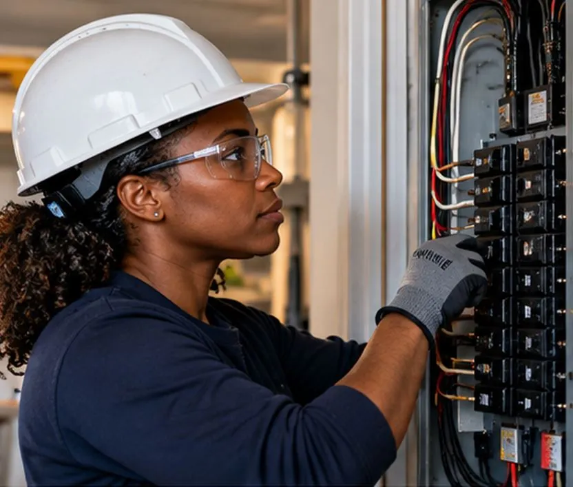 Electrician in a hard hat and safety glasses working on a home electrical panel